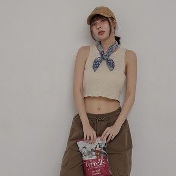 美背簍空抽繩針織背心-杏【KT223727】