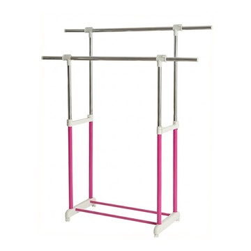 可延伸雙桿曬衣架 台灣產 DIY組裝  81-120 x 44 x 90-156cm  粉紅色 + 白色  1個