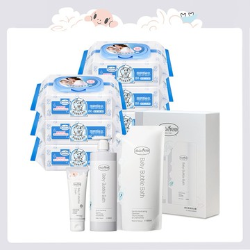 【Baan 貝恩】 寶寶呵護首選(貝恩嬰兒泡泡香浴組x1組+柔濕巾80抽x6包+貝恩全效護膚膏75ml(新)x1)｜新生禮、彌月禮、閨蜜送禮、寶寶新生兒禮、滿月禮、新生禮