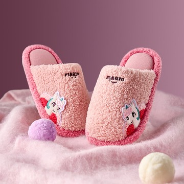 Cheerful Mario幸福瑪麗 女童秋冬绒毛拖鞋 親子可愛卡通粉色獨角獸居家室内兒童棉拖鞋