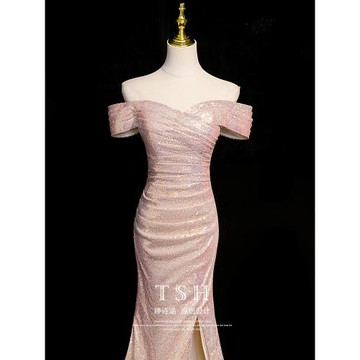 一字肩晚禮服女2025新款高級感氣質絕美高端名媛法式主持人魚尾裙