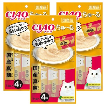 INABA CIAO 啾嚕 肉泥 鮪魚 + 國產真鯛 綠茶消臭成分 貓咪零食 條狀包裝 14gx4本  56g  3袋