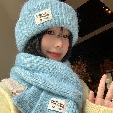 ✨精選好物✨藍色針織含羊毛針織帽子圍巾女   韓系氛圍感保暖毛線帽圍脖 冰川藍圍巾帽子  針織圍巾  針織包頭帽 毛線帽
