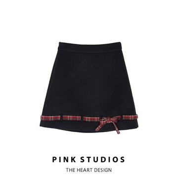 圣誕紅格拼色半身裙女秋冬甜美蝴蝶結高腰顯瘦小個子毛呢A字短裙