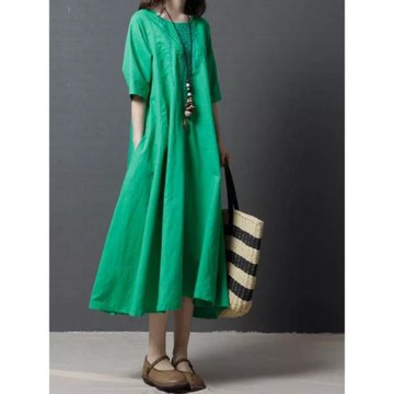 2025夏季新款文藝寬松休閑亞麻刺繡長裙大碼顯瘦短袖棉麻連衣裙女