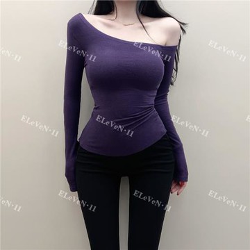 值得入~韓版純欲小心機性感斜肩長袖T恤秋冬時髦修身彈力打底上衣