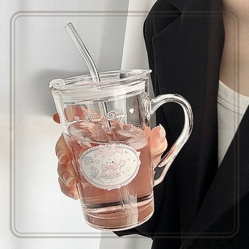 透明玻璃手把杯 高顏值玻璃杯 ins簡約吸管杯 帶蓋玻璃杯 帶把手杯子 吸管冷飲杯 果汁杯 奶茶杯 咖啡杯 辦公室玻璃杯