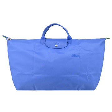 LONGCHAMP LE PLIAGE GREEN系列刺繡短把再生尼龍摺疊旅行袋（中/失車菊藍）_廠商直送