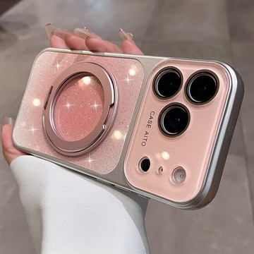 閃粉冰晶玻璃 鏡頭保護 隱形支架 適用於 蘋果 iPhone 17 16 15 14 13 12 pro max 手機殼