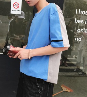 FINDSENSE MD 日系 時尚 潮 男 休閒 寬鬆 前後拼接撞色 特色短T 短袖T恤 學生短T