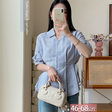 翻領排釦條紋撞色雙側綁帶襯衫 M-XL【425405X】【現+預】☆流行前線☆