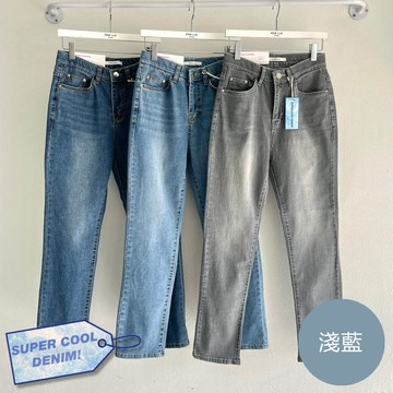 韓國女裝連線 - (Super Cool)彈性腰直腿丹寧褲-淺藍