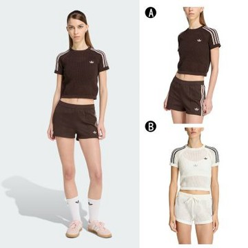 【Adidas 愛迪達】CROCHET TEE 舒適 時尚 鉤織布料 修身 短版 短袖上衣 女 A-KC6480 B-KE0200