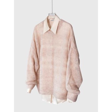 入冬疊穿 高級100%真絲緞面襯衫/馬海毛衣寬松軟糯慵懶風套裝粉色