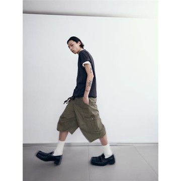 INKNOTS美式復古做舊水洗廓形工裝休閑七分褲男女寬松彎刀短褲潮