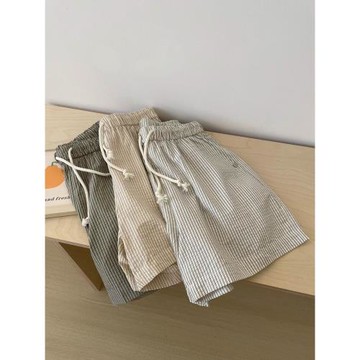 條紋高腰抽繩闊腿休閑短褲女夏季韓版寬松居家外穿運動沙灘熱褲潮