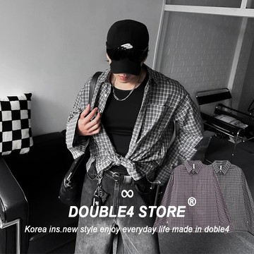 【DOUBLE4】長袖格子襯衫 百搭 防曬 度假 海邊 約會 穿搭 襯衫男 TA312