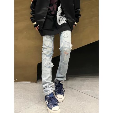 火星居民 高街潮牌重工燙鉆牛仔褲男女同款彈力修身破洞小腳褲INS