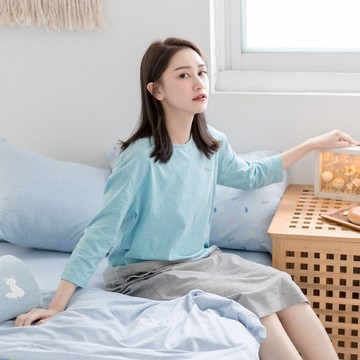 MIT有機棉拼色抽繩連身居家服-湖藍