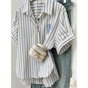 大碼300斤條紋藍色刺繡正肩短袖襯衫女夏季設計感小眾polo襯衣ins