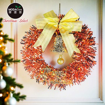 摩達客11吋優雅香檳玫金系金蔥彎絲聖誕花圈_台灣工藝免組裝_廠商直送