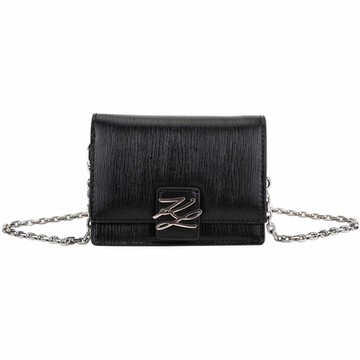 KARL LAGERFELD K/AUTOGRAPH 貝殼紋皮革鍊帶翻蓋卡片夾(黑色)