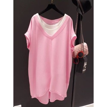 夏季新款V領小心機女T恤短袖蝙蝠衫裙大碼寬松不規則慵懶風連衣裙