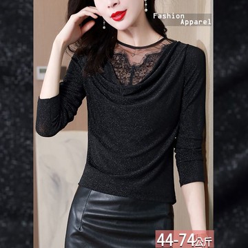 圓領睫毛蕾絲拼接垂盪亮絲上衣 M-3XL【534464X】【現+預】☆流行前線☆