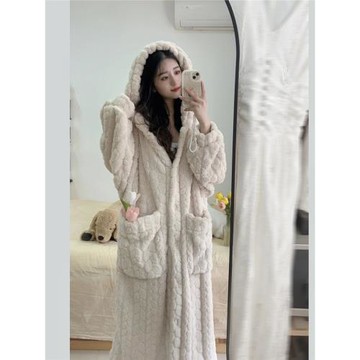 大碼連帽珊瑚絨睡衣女款冬季長袍2025年新款睡袍冬天加絨加厚浴袍