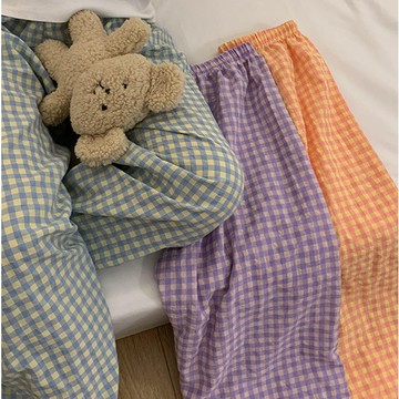 【台灣發貨】小清新格子家居褲短褲女夏季寬鬆休閒闊腿褲睡褲子可外穿直筒長褲 遛彎褲 家居褲  睡褲