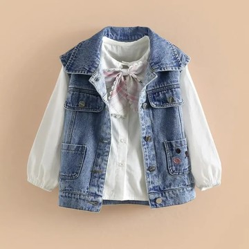 兒童馬甲 女童牛仔馬甲 女童外套 女大童牛仔背心 小熊刺繡馬夾 女孩背心外套 百搭外穿上衣 女生馬甲【不二雜貨】