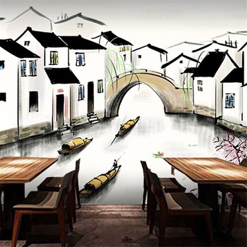 中式壁紙江南水鄉裝飾畫背景墻書房酒店茶樓包間餐廳火鍋飯店墻紙