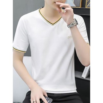 2025夏季新款莫代爾棉冰絲薄款透氣純棉白色男士短袖V領t恤男上衣