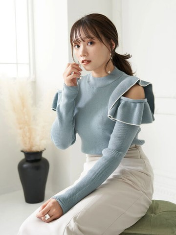 2WAY立體荷葉摺邊羅紋長袖針織上衣(1D21L2C0200) - earth music&ecology