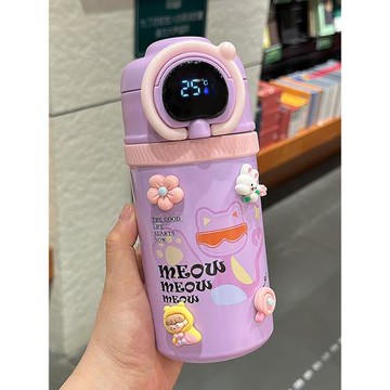 智能顯溫兒童保溫杯便攜不銹鋼學生上學專用吸管杯彈蓋防摔水杯
