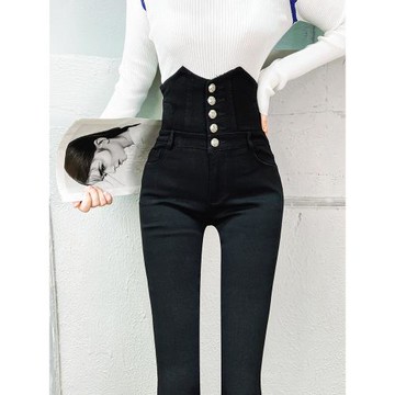 春秋加絨超高腰小腳褲黑色打底褲女外穿顯瘦棉褲高腰提臀緊身長褲