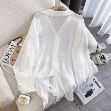 中長款防曬衣襯衫女夏薄款冰絲開衫襯衣夏季外搭雪紡衫女露背上衣 薄款寬鬆防曬外套 襯衫 長袖上衣 薄外套 罩衫 女裝