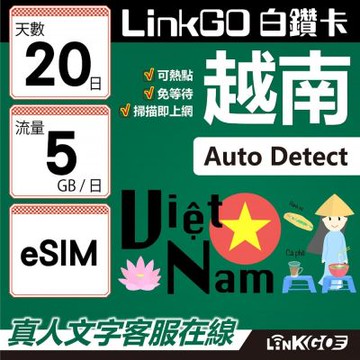 LinkGO白鑽卡 越南 eSIM卡 20天上網卡 每日5GB 高速流量(越南網卡 下龍灣 峴港 胡志明市)