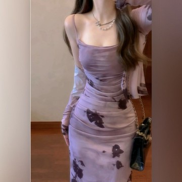 紫色韻味連身裙 新中式復古法式緊身連衣裙 紫色水墨吊帶裙 修身連衣裙 氣質韓系御姐誘人連衣裙 連衣裙兩件套 連衣裙套裝女
