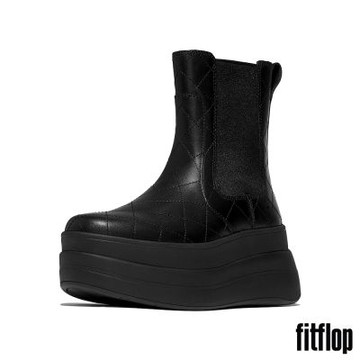 【FitFlop】F-MODE 厚底菱格紋皮革高筒切爾西靴-女(靚黑色)