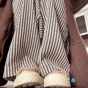 【FOH】咖色毛呢闊腿 韓版長褲 直筒褲 條紋長褲 休閒褲 九分褲 垂墜感 鬆緊腰長褲 女生長褲