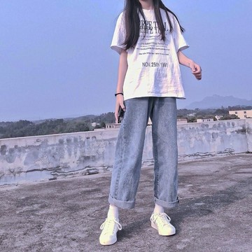 牛仔褲女寬松韓版學生高腰直筒垂感闊腿新款褲子女秋季新款顯瘦潮