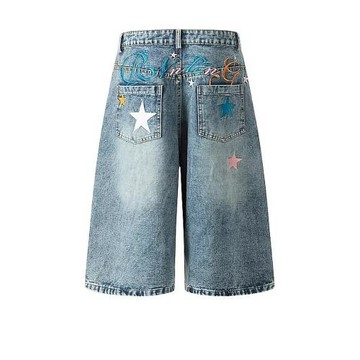 美式復古字母刺繡水洗牛仔七分褲男女夏季新款寬松百搭闊腿中褲子
