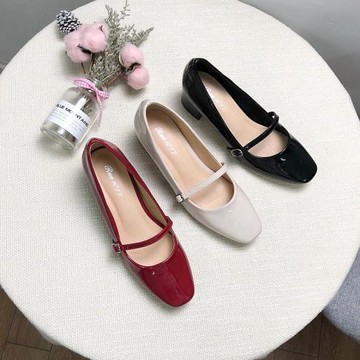 新款真皮粗跟中跟單鞋女 復古瑪麗珍方頭一字扣女鞋漆皮鞋工作鞋