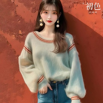 初色 韓系慵懶寬鬆圓領長袖針織衫毛衣上衣女上衣-綠色-37375(F可選)