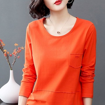 春秋純棉長袖t恤女大碼寬松口袋拼接t?衫上衣中年媽媽打底衫秋衣1入