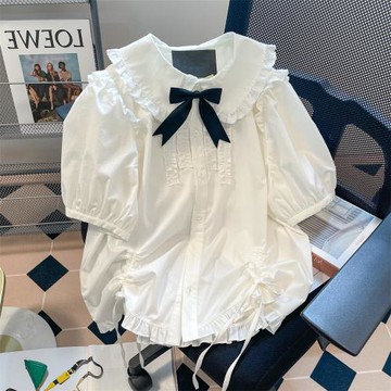 日系復古蝴蝶結娃娃領襯衫男女夏季小個子甜美學院風花邊短袖上衣