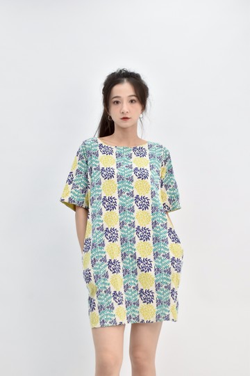 (S) graniph棉質短袖花紋綠色洋裝