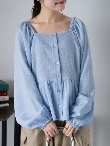 可愛壓花肩可調方領小裙擺襯衫(0F000571010) - ehka sopo