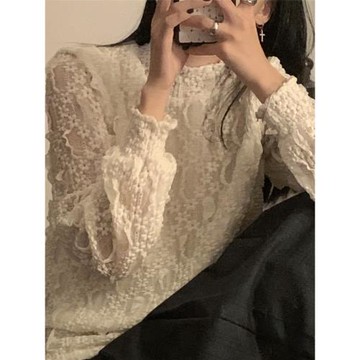 杏色半高領蕾絲打底衫女長袖洋氣新款內搭秋冬上衣花邊氣質喇叭袖